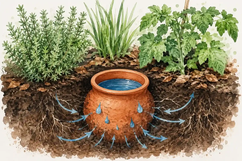 Une Olla en terre cuite remplie d'eau et enterrée sous terre, elle libère l'eau progressivement pour arroser les racines de façon optimale