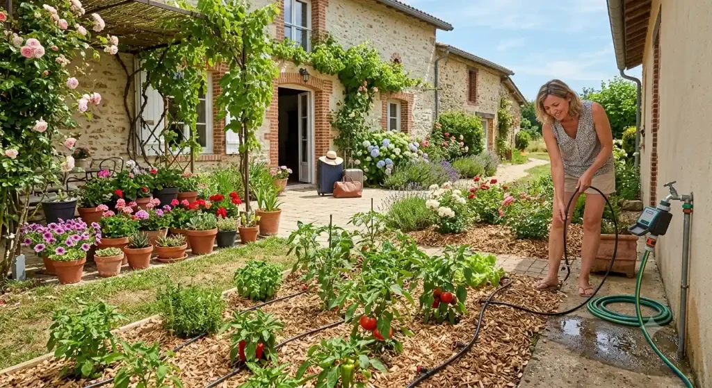 Une femme est sur le point de partir en vacances, avant elle programme sont goutte à goutte pour anticiper la secheresse de son potager