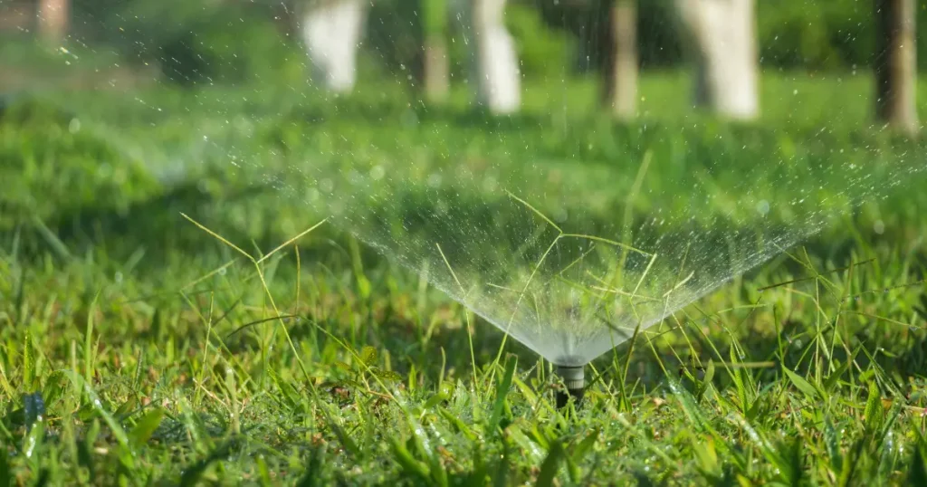 un arroseur automatique en fonctionnement sur une pelouse verdoyante en Charente en plein été